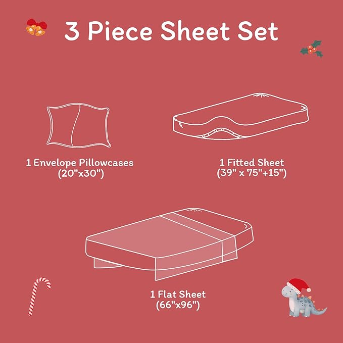 JSD Dinosaur Kids Christmas Sheet Set Twin Size, 3 Piece Soft Printed Microfiber Bed Sheets Deep Pocket