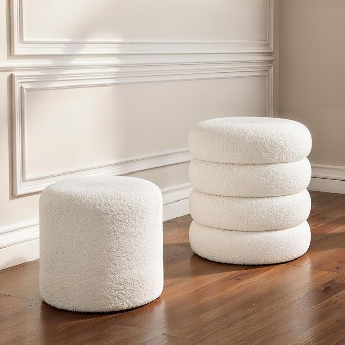Round Set of 2 Sherpa Storage Ottoman Stool Boucle Vanity Stool Footstool with Removeable lid Load up to 440 lbs for Livingroom Bedroom White UASND68W