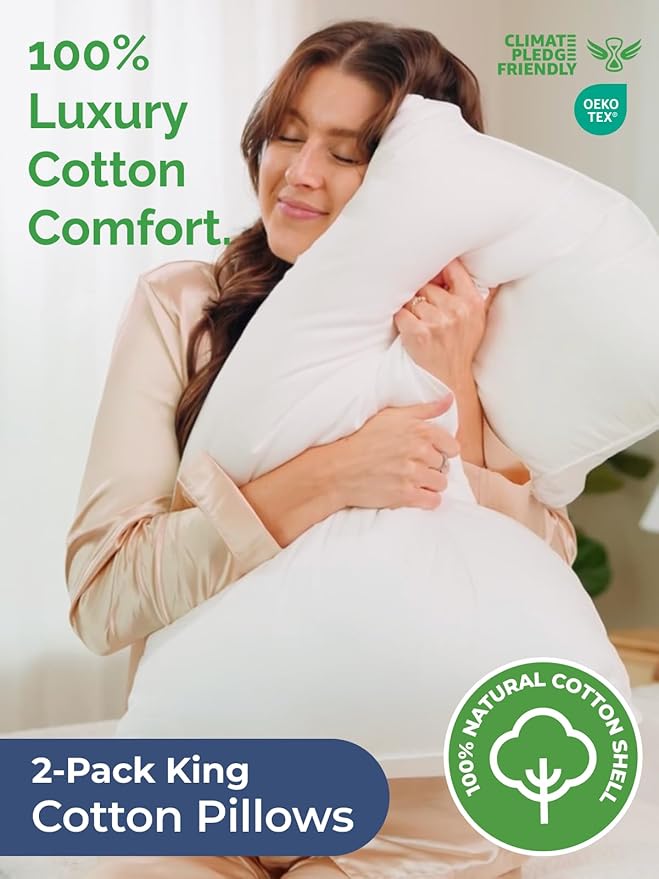 Bed Pillows King Size Set of 2 - 100% Cotton Breathable Cover - Premium Down Alternative for Side Sleepers, Back or Stomach - Soft Luxury Hotel Quality Pillows - Comfy, Cozy & Plush - Oeko-Tex, White