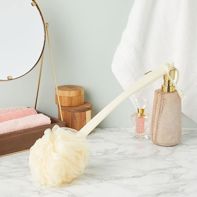 Juvale Exfoliating Luffa Shower Scrubber & Bath Scrubber for Body - 18 in, Ivory, 3-Pack - Loofah on a Stick & Shower Brush for Back