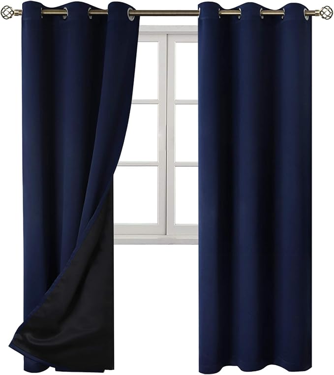 BGment Thermal Insulated 100% Blackout Curtains for Bedroom with Black Liner, Double Layer Full Room Darkening Noise Reducing Grommet Curtain (42 x 84 Inch, Navy Blue, 2 Panels)