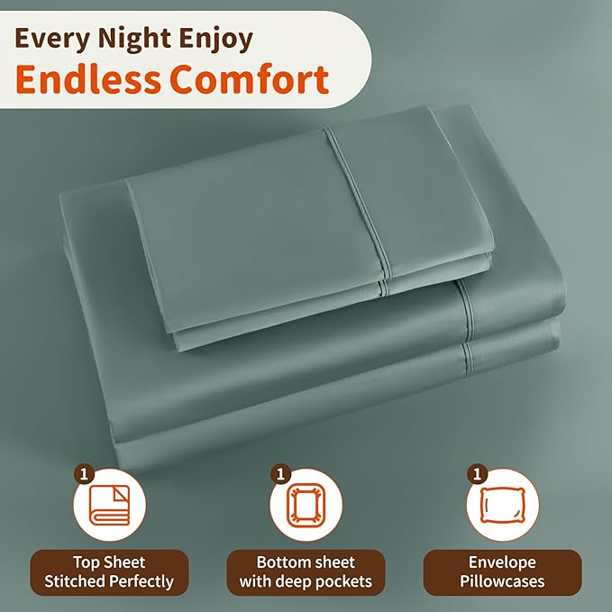 LBRO2M 1000 Thread Count 100% Egyptian Cotton Sheets Set Twin, 3 Piece Sets Bed Sheet Deep Pocket Sheet Set 16" Soft Comfortable All Season (Twin, Sage Green)