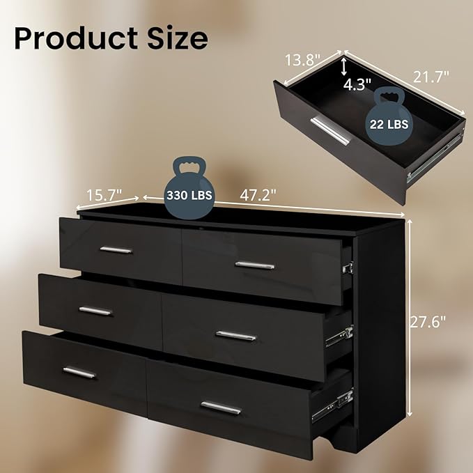 Karl home 6 Drawer Dresser, Wood Black Vanity Drawer Cabinet, Bedroom Storage Cabinet TV Stand, Large Dresser Storage Chest with Deep Drawers, Bedroom Furniture, 47.2×27.6×15.7 inches