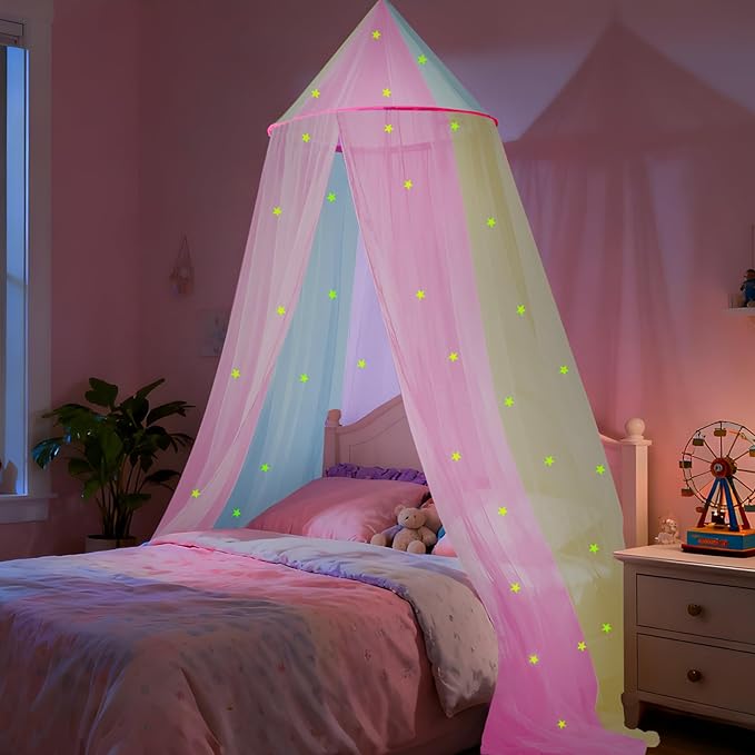 Rainbow Bed Canopy for Girls with Glowing Stars, Colorful Princess Canopy Bed Curtains for Twin, Full, and Queen Sizes,Mosquito Netting for Baby Crib,Ceiling Tent for Kids Bedroom Decor