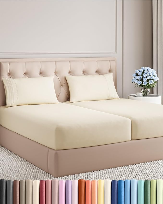 Split King Size 5 Piece Sheet Set - Comfy Breathable & Cooling Bed Sheets Set - Hotel Luxury Bedding for Women, Men, Kids, Teens, Boys & Girls - Deep Pockets, Soft, Wrinkle Free - Oeko-Tex - Off White