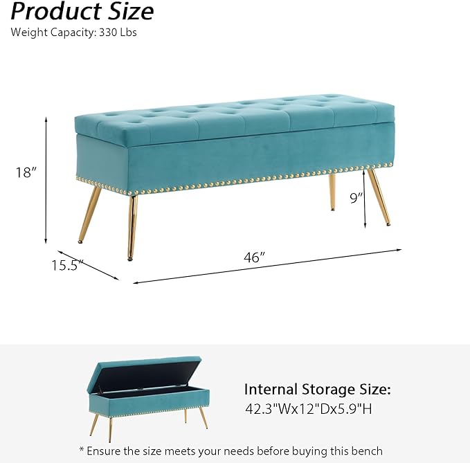 Velvet Storage Bench with Gold Legs& Nailhead Trim, 46" Wide Upholstered Modern Bedroom Bench for End of Bed, Tufted Ottoman for Entryway Living Room Dining Room (Sage Green, 46" Wide)