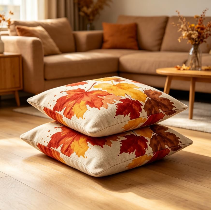 Fall Throw Pillow Covers, Autumn Maple Leaf Watercolor Print, 18x18 Inch - Image 2
