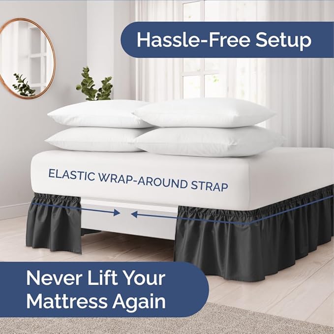 Wrap Around Dust Ruffle Bed Skirt - Black - for Full Size Beds with 18 Inch Drop - Easy Fit Elastic Strap - Adjustable Pleated Bedskirt w/Brushed Fabric - Wrinkle Free - for Women, Men, Kids & Teens