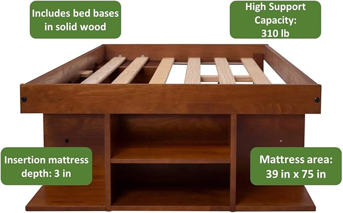 memomad Bali Storage Platform Bed with Drawers (Twin Size, Caramel Brown Wood)