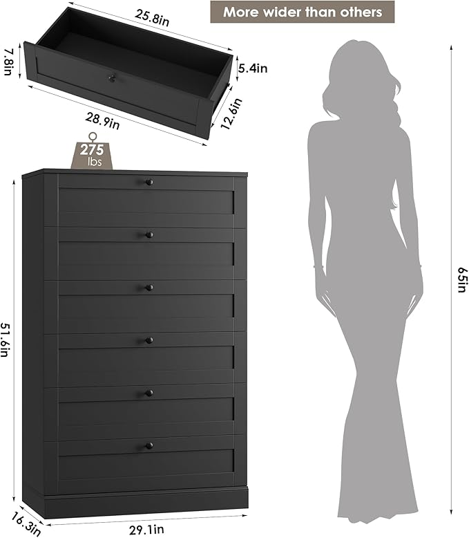 HOSTACK 6 Drawer Dresser for Bedroom, 52" Tall Dresser & Chest of Drawers, 29" W Wood Drawer Chest, Modern Vertical Storage Cabinet for Living Room, Entryway, Hallway, Black