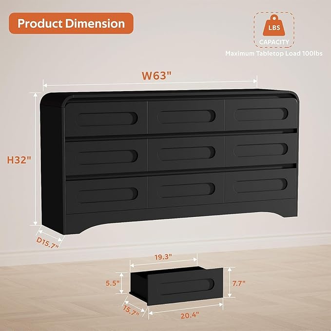 9 Drawer Dresser and Nightstand Sets for Bedroom, 3 Piece Bedroom Set, Wood 9 Drawer Dresser & Night Stand Set of 2, Large Chest of Drawers Modern Storage Cabinet Bedroom Furniture Set, Black