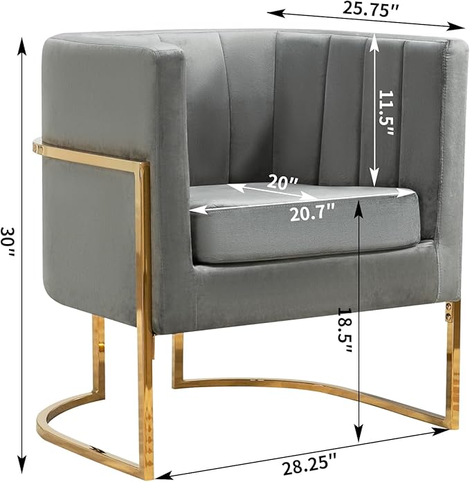 Velvet Modern Accent Chair, Upholstered Barrel Armchair Mid Century with Pillow for Living Room, Comfy Single Vanity Chair with Metal Gold Legs for Bedroom, Grey