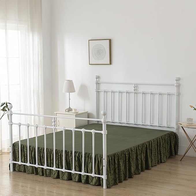 Bed Skirt King Size Ruffled Bed Skirt with Split Corners, 16 Inch Drop Dust Ruffle Bed Skirts with Platform, Boho Tufted Shabby Chic King Size Bed Skirts, Olive Green