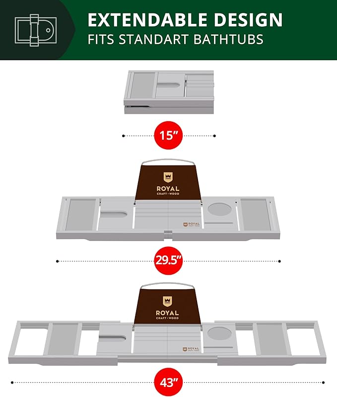 ROYAL CRAFT WOOD Premium Foldable Bathtub Tray - Expandable Bath Tray for Tub - Luxury Bathtub & Bathroom Accessories