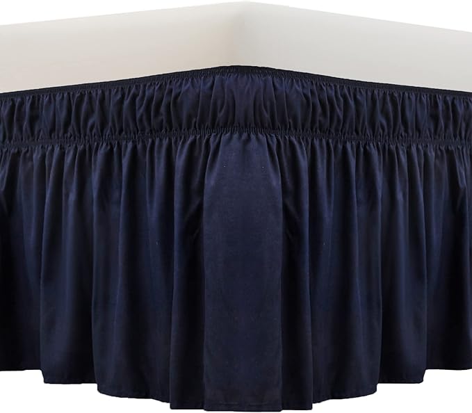 MEILA Wrap Around Bed Skirt Three Fabric Sides Elastic Dust Ruffled 18 Inch Tailored Drop,Easy to Install Fade Resistant-Navy Blue, Queen/King