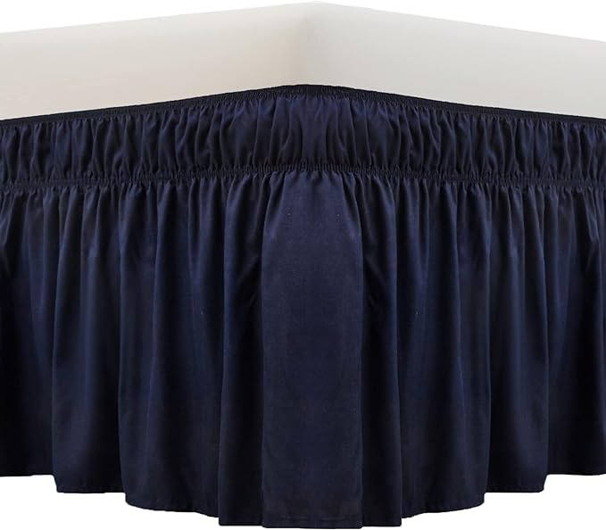 MEILA Wrap Around Bed Skirt Three Fabric Sides Elastic Dust Ruffled 14 Inch Tailored Drop,Easy to Install Fade Resistant-Navy Blue, Twin/Full