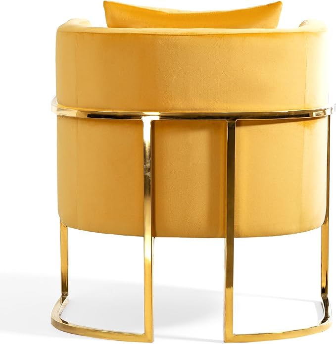 Velvet Modern Accent Chairs Set of 2, Upholstered Barrel Armchair Mid Century with Pillow for Living Room, Comfy Single Vanity Chair with Metal Gold Legs for Bedroom, Yellow