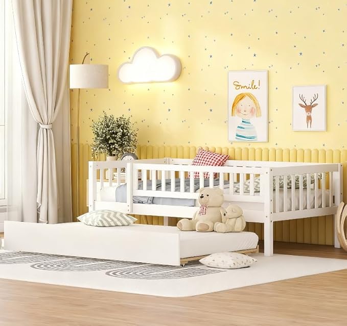 Bellemave Twin Kids Bed Frames with Rails for Kids, Twin daybed with Trundle for Boys/Girls/Adults，White