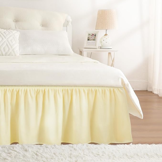 RIMELA Beige Yellow Bed Skirt Twin Size 15 Inch Drop, Elastic Bed Skirting for Bed Base and Frame, Bedding Dust Ruffle Easy to Install, Lightweight Wrap Around Adjustable Bedskirt