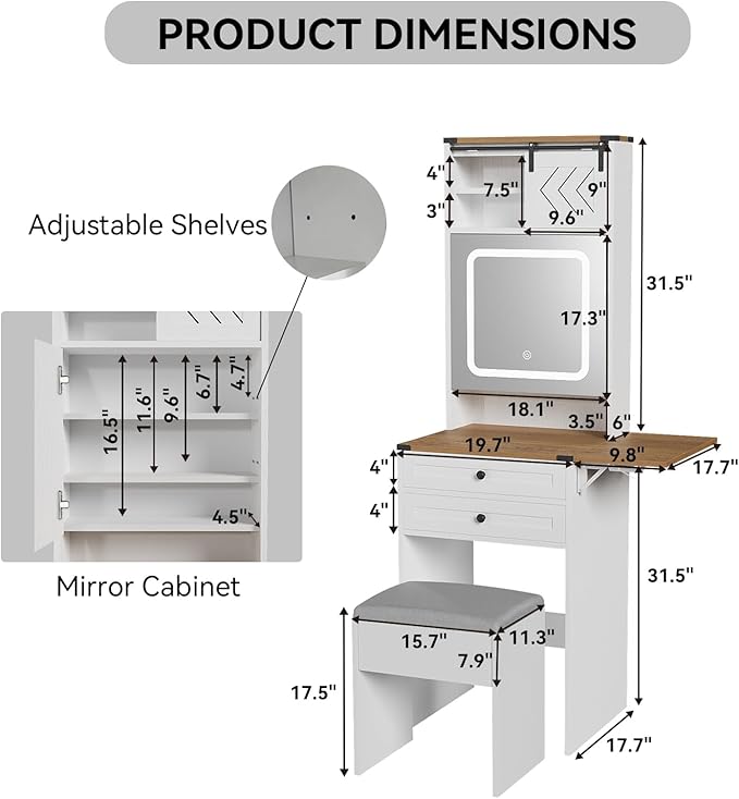 ARTETHYS Farmhouse Small Vanity Desk Set with Mirror Cabinet Mini Makeup Vanities Set with 3 Adjustable Lights and Storage Chair for Compact Space, White Dressing Table with Fold-up Panel