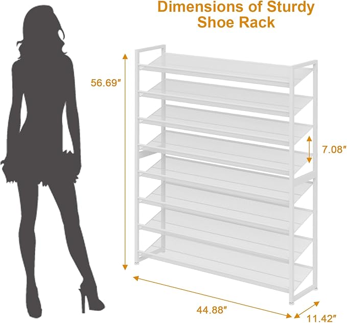 Large Shoe Rack 8 Tier Shoe Organizer, Heavy Duty Metal 4-Tier Stackable Shoe Storage Vertical Shoe Rack for Closet Front Door Entrance, Up to 50 Pairs, 44.8" W x 11.4" D x 56.7" H, White
