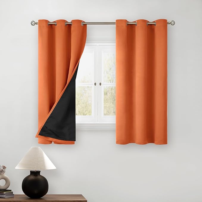 BGment Short 100% Blackout Curtains for Bedroom, Thermal Insulated Lined Energy Efficiency Noise Reducing Grommet Curtains 45 Inch Length for Small Window 2 Panels Each 42 Inch Wide, Burnt Orange