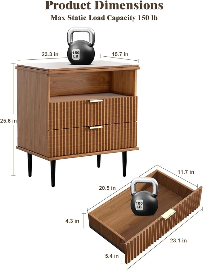 Modern Nightstand with Charging Station, 2-Drawer Fluted Wood Bedside Table with USB, Type-C & AC Outlets, Metal Legs, Perfect for Your Bedroom (Walnut, 23.3)