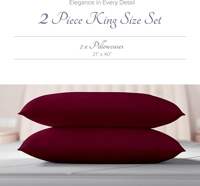 Carressa Linen 100% Egyptian Cotton King Size Pillow Cases Set of 2 - Luxury 600 Thread Count King Pillowcases (Burgundy), Silky Soft, Cooling, Breathable Sateen Weave Hotel Quality Bed Pillow Cover