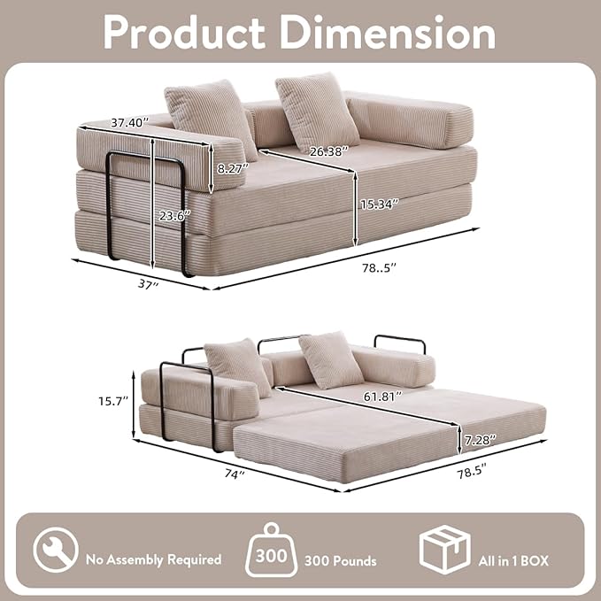 4-in-1 Convertible Folding Sleeper Sofa Bed, Fold Out Floor Sofa Couch with Fixed-Shape Frame, Cloud Corduroy Foldable Mattress Couch for Living Room Bedroom (78.5" Corduroy,Light Grey)