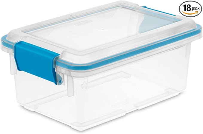 Sterilite 18-Pack Gasket Box, Weather-Resistant Storage Bins with Latching Lids, 7.5 Quart - Heavy-Duty Organizing Containers for Closet, Bathroom, and Office