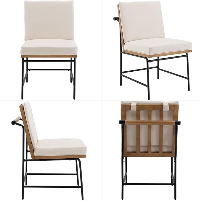 Modern Dining Chairs Set of 4, Comfy PU Leather Side Chairs Guest Chairs with Wooden Backrest Black Metal Legs for Dining Room Living Room, Beige
