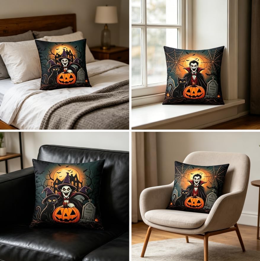 Halloween Throw Pillow Covers, Vampire and Black Cat Spooky Design, 18x18 Inch - Image 4
