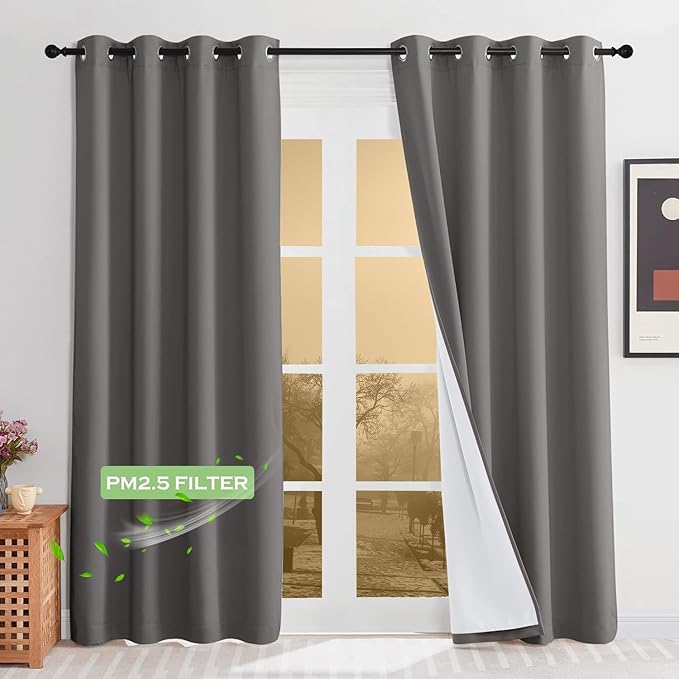 KGORGE Anti Dust Soundproof 100% Blackout Curtains 4 Layers Heavy Duty Energy Efficiency Window Curtains for Living Room Baby Bedroom Home Office Studio, Wide 52 x Long 95 inches, Grey, 2 Panels