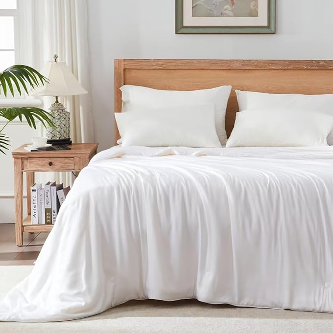 Globon Summer Comforter Queen Size,Luxurious Lightweight Blanket for Hot Sleepers,Natural Cooling Bamboo Viscose Shell,Organic Breathable Fill, Double Stitch,White