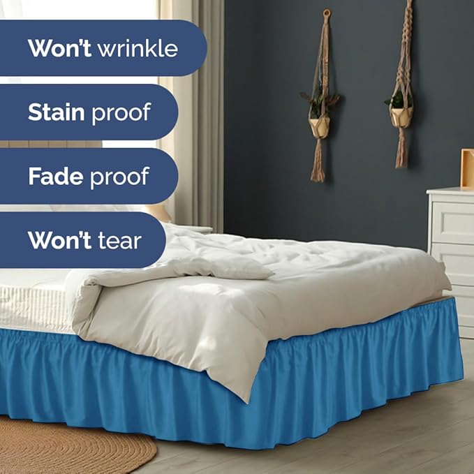 Wrap Around Dust Ruffle Bed Skirt - Denim Blue - for King Size Beds with 21 Inch Drop - Elastic Strap - Adjustable Pleated Bedskirt with Brushed Fabric and Wrinkle Free - for Women, Men, Kids & Teens