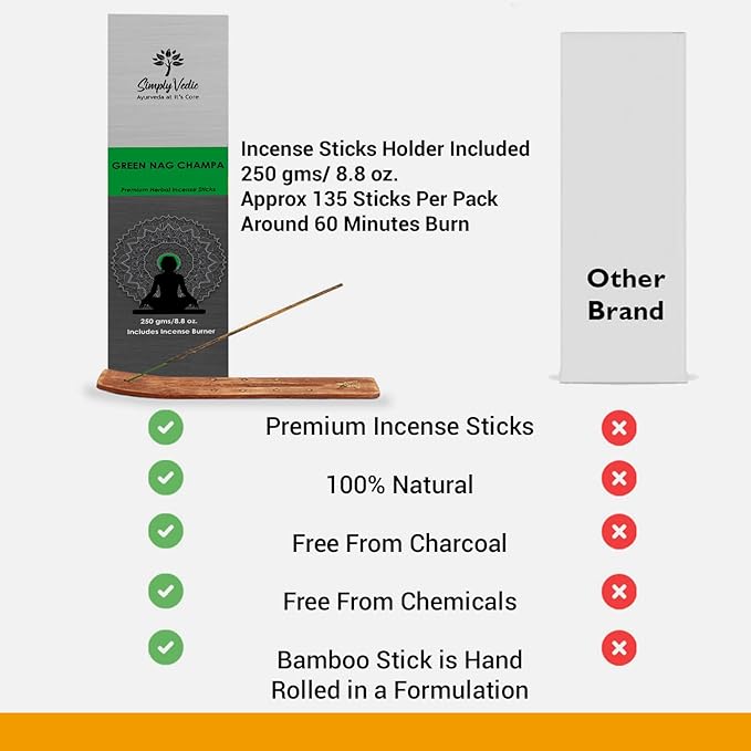 Simply Vedic Nag Champa Incense Sticks 250g with Holder – 135 Hand-Rolled Natural Agarbatti – No Charcoal, Long-Lasting Aromatherapy for Pooja, Home, Yoga, Meditation, Relaxation, Spiritual Healing