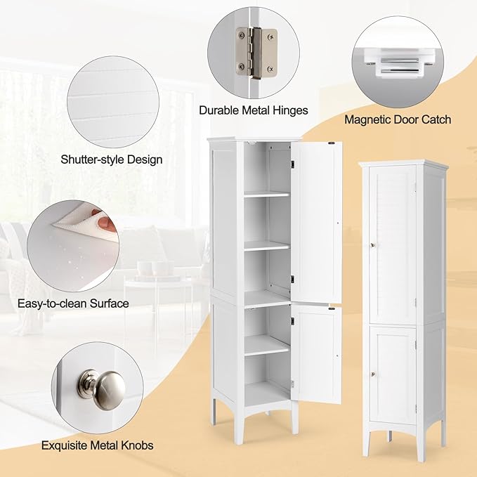 COSTWAY Tall Bathroom Storage Cabinet, 5-Tier Freestanding Linen Tower Cabinet with 2 Doors, Wooden Side Storage Organizer, Narrow Slim Floor Cabinet for Bathroom, Living Room, Kitchen (White)