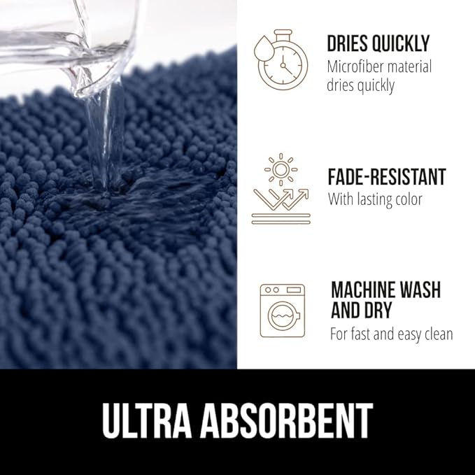 GORILLA GRIP Bath Rug Mat 60x17, Soft Absorbent Chenille, Quick Dry Microfiber Mats, Rubber Backing Washable Shower Floor Rugs, Bathmat Runner, US Designed Bathroom Home Decor Accessories Navy Blue