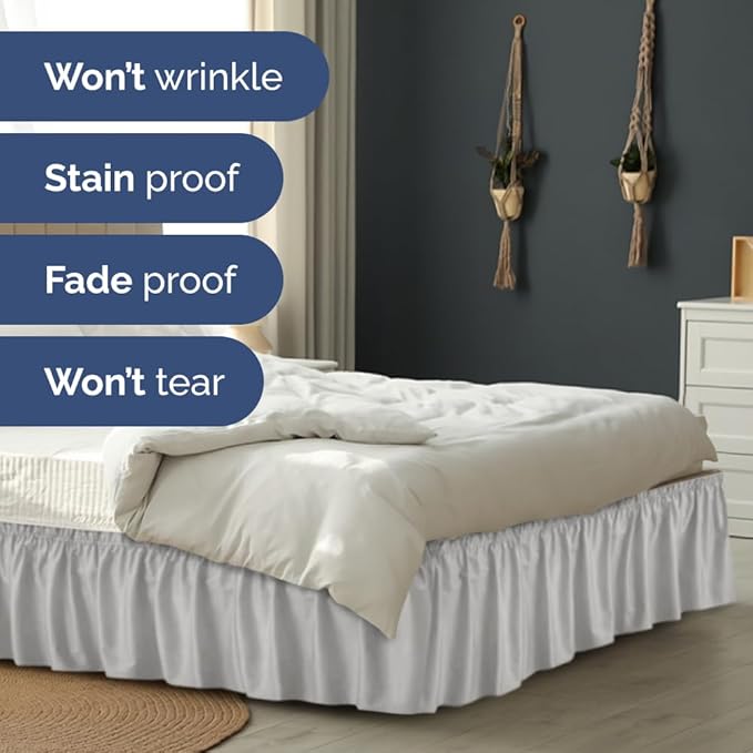 Wrap Around Dust Ruffle Bed Skirt - Light Grey - for Twin Size Beds w/ 16 Inch Drop - Easy Fit Elastic Strap - Adjustable Pleated Bedskirt with Brushed Fabric, Wrinkle Free Women, Men, Kids and Teens