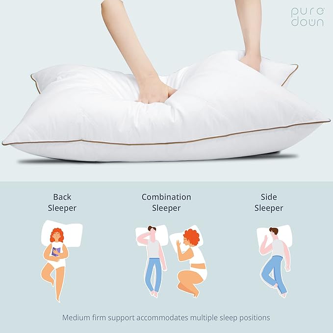 puredown® Goose Feathers and Down Pillow with Diamond Quilting with 100% Cotton Cover, Pack of 2, Standard Size