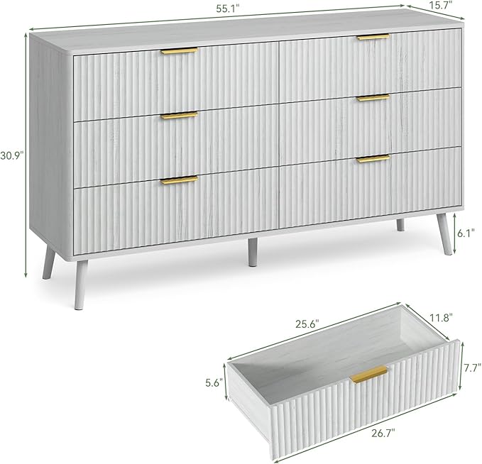 LYNSOM Fluted Dresser and Nightstand Sets 3 Piece, 6-Drawers Dresser and 1-Drawer Nightstands Set of 2, Wood Bedroom Furniture Set for Home, Bedroom, Hallway, White