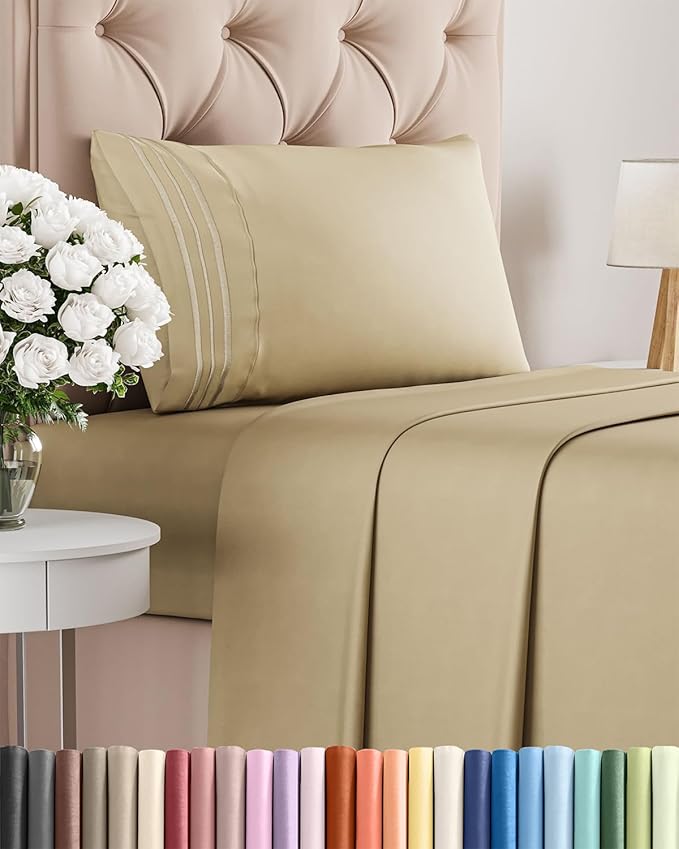Twin XL Size 3 Piece Sheet Set - Comfy Breathable & Cooling Bed Sheets Set - Hotel Luxury Bedding for Women, Men, Kids, Teens, Boys & Girls - Deep Pockets, Ultra-Soft, Wrinkle Free - Oeko-Tex - Beige