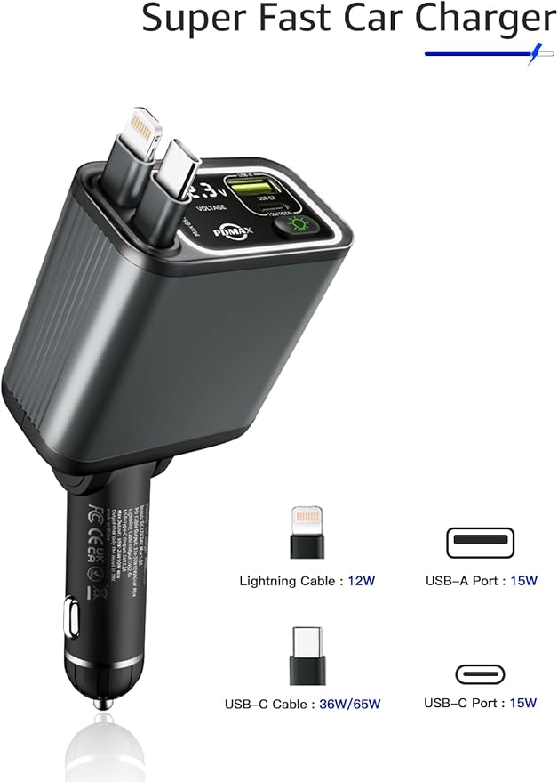 Retractable Car Charger USB C,107W Type C Car Charger Fast Charging with Dual Retractable Cable and USB Ports, Compatible with iPhone 16/15/14/13,S25/24/23/22, Pixel 9/8/7