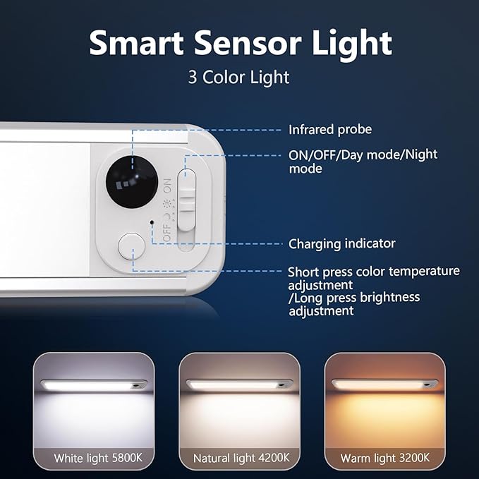 Under Cabinet Lighting, 3 Colors, Motion Sensor Light Indoor, LED Rechargeable Closet Lights Battery Operated, Dimmable Night, Stick-On Magnetic Cabinet Lights for Kitchen Stairs Hallway