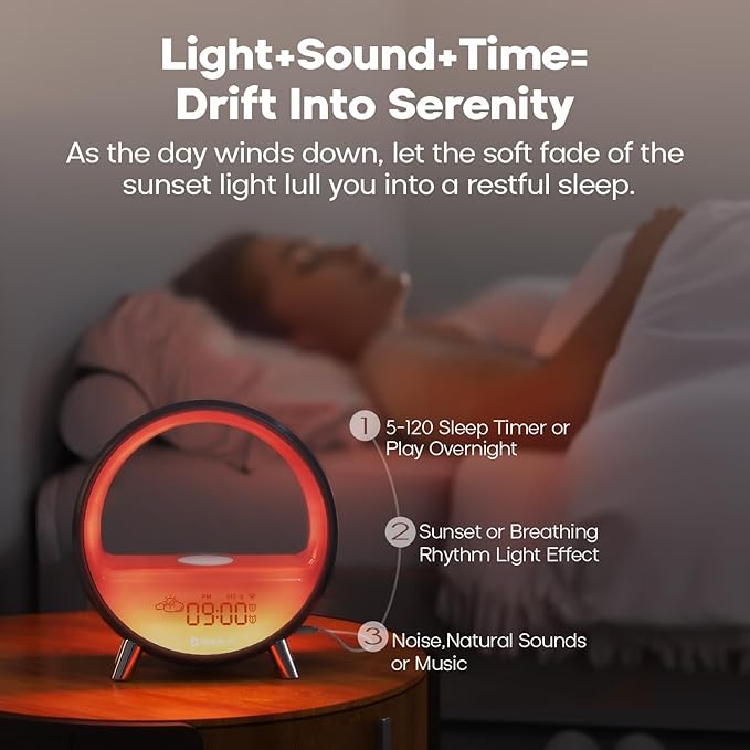 Dekala Arches Sunrise Alarm Clock Sunset White Noise Sound Machine Sleep Timer Loud Alarm Clock for Heavy Sleepers Natural Sound Wake-Up Light 15W Wireless Charging Customizable Snooze 5G WiFi App