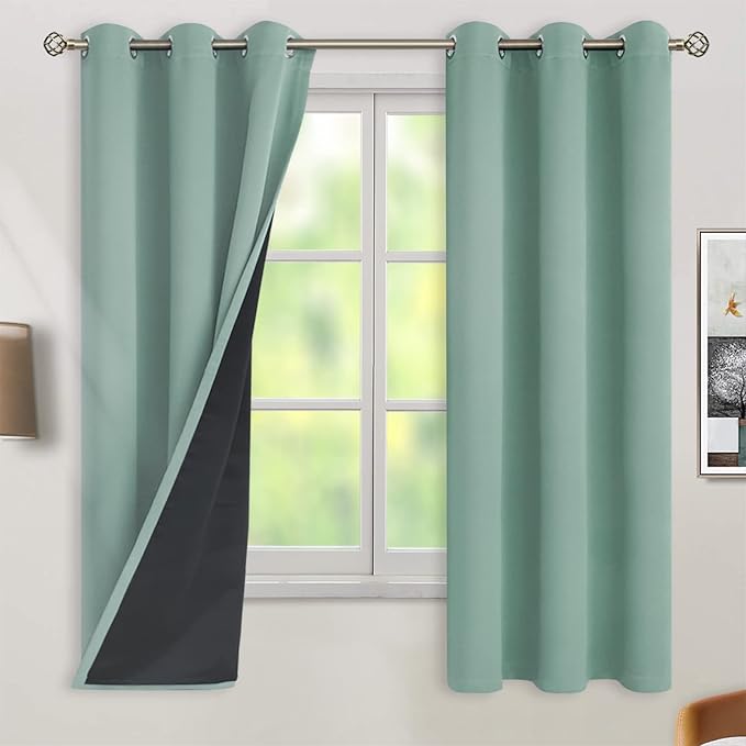 BGment Thermal Insulated 100% Blackout Curtains for Bedroom with Black Liner, Double Layer Full Room Darkening Noise Reducing Grommet Curtain (38 x 63 Inch, Frosty Green, 2 Panels)