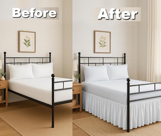 Ruffled Bed Skirt Split Corners with Platform, Tailored Fit Hotel Quality Wrinkle Free Ultra-Soft Microfiber Gathered Dust Ruffle, Upto 12 Inch Drop, Twin Size White