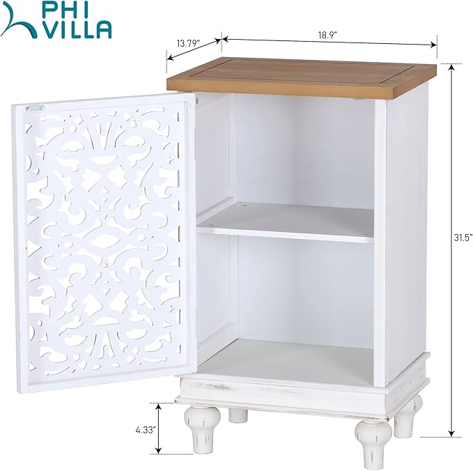 PHI VILLA Small Accent Storage Cabinet with Single Door - Decorative Nightstand for Living Room Bedroom, End Side Table Cabinet White