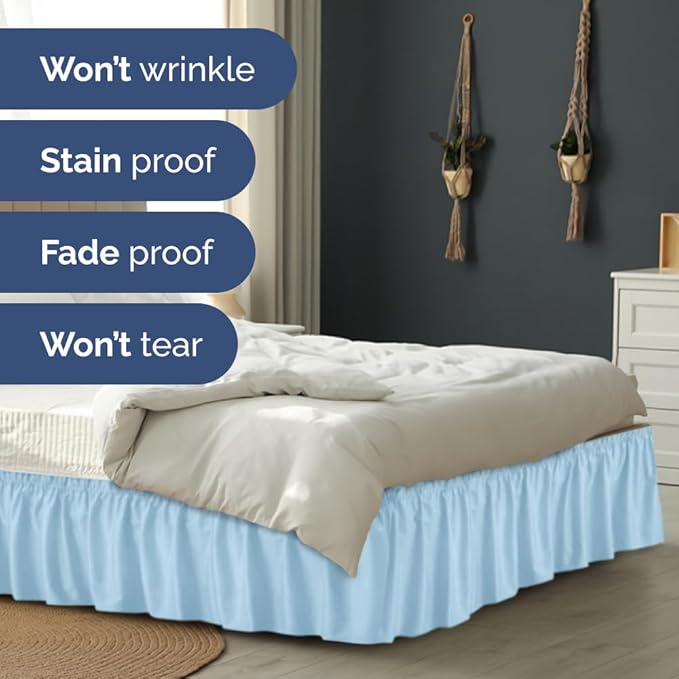 Wrap Around Dust Ruffle Bed Skirt - Light Blue - for Queen Size Beds with 18 Inch Drop - Elastic Strap - Adjustable Pleated Bedskirt with Brushed Fabric and Wrinkle Free - For Women, Men, Kids & Teens