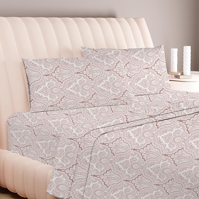 Carressa Linen Luxury Egyptian Cotton King Printed Sheet Set - 600 Thread Count Extra Long Staple 4 PC Set, Paisley Blush King Printed Sheets, Soft, Cooling Sateen Weave Sheets Upto 18 in Deep Pocket